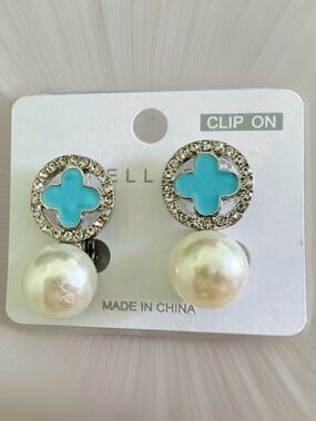 Ella Turquoise Clover Pearl Clip-On Earrings with Crystal Halo